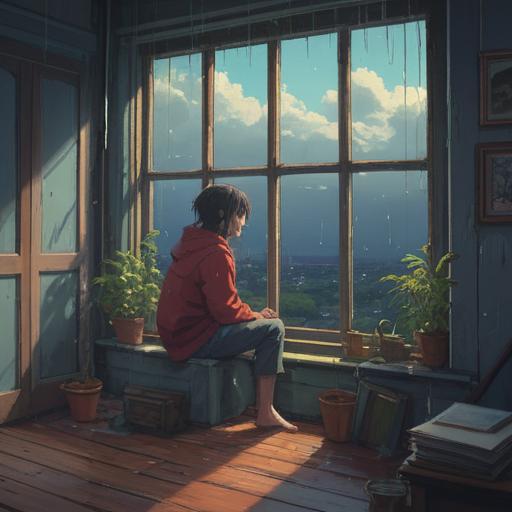 A serene illustration depicting a solitary figure sitting by a window, gazing out at a rainy day, clouds reflecting uncertainty, ethereal light filtering through, symbols of missed opportunities in the background, soft hues of blue and gray, a sense of introspection and longing, subtle spiritual elements like glowing orbs, 4k