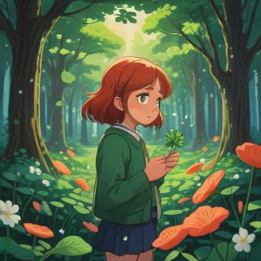 A whimsical scene depicting a person discovering a four-leaf clover, vibrant colors, surrounded by blooming flowers, sunlight filtering through trees, a sense of hope and positivity, magical atmosphere, illustrating a turning point in love fortune, 4k