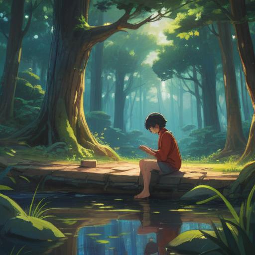 A serene scene depicting a person journaling in a tranquil environment, surrounded by nature, sunlight filtering through trees, symbolic elements of love and growth, an open heart-shaped book, gentle expressions of joy and clarity, peaceful transformation, 4k