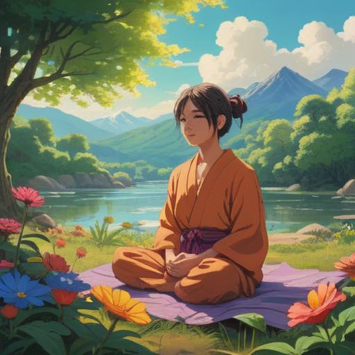 A serene landscape representing spiritual awakening, a person meditating in nature, surrounded by vibrant flowers and gentle sunlight, feelings of freedom and detachment, symbols of love fading away in the background, ethereal atmosphere, calming colors, harmonious connection with the universe, 4k