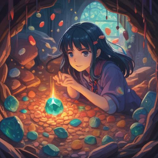 A surreal illustration of a person surrounded by colorful lucky stones, emotions fading into indifference, vibrant hues representing love and apathy, chaotic yet harmonious composition, mystical landscape, contrasting elements of warmth and cold, dreamlike atmosphere, intricate details, high resolution