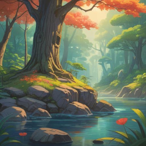 A calming illustration of a lucky stone, vibrant colors, surrounded by soft natural elements, serene setting with gentle sunlight filtering through trees, depicting harmony and stability, symbolic meaning of luck, clear blue sky, tranquil atmosphere, detailed textures, 4k