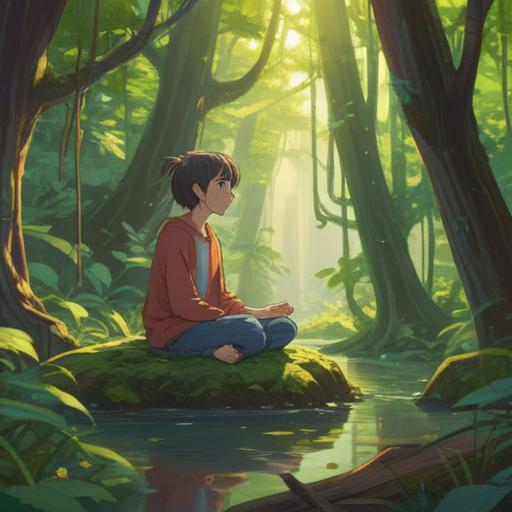 A serene and contemplative scene depicting a person meditating in a tranquil nature setting, soft rays of sunlight filtering through lush trees, gentle flowing water nearby, symbolic representations of self-discovery and inner peace, ethereal colors reflecting spiritual awakening, calm expression, harmonious atmosphere, 4k
