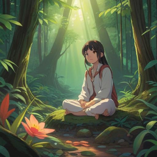 A serene and introspective scene, a person meditating in a tranquil forest, surrounded by gentle sunlight filtering through the leaves, symbols of love and spirituality represented by soft glowing orbs, a deep sense of inner peace and connection with the universe, vibrant greenery, ethereal atmosphere, harmonious energy, 4k