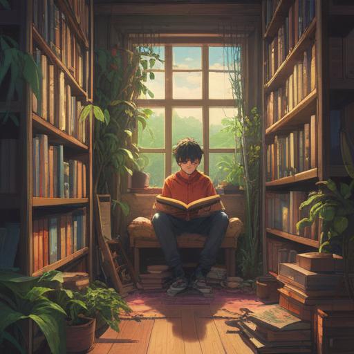 A thoughtful illustration depicting a person surrounded by books and plants, reflecting on personal growth, serene atmosphere, soft sunlight filtering through a window, peaceful study space, showcasing self-discovery and creativity, 4k