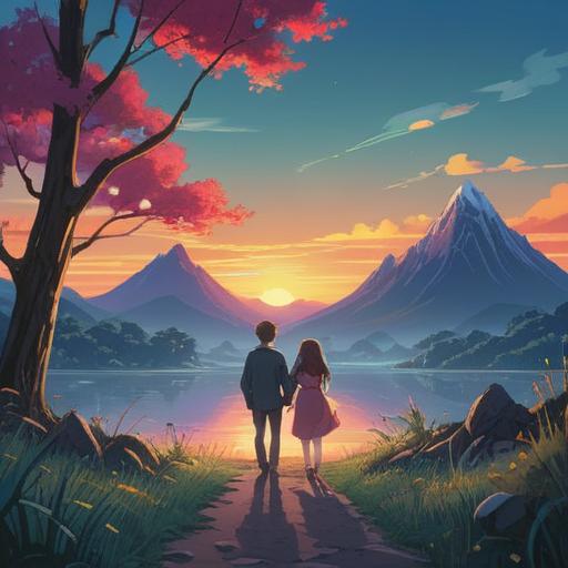 A serene and ethereal landscape representing the longing for love, vibrant colors blending harmoniously, silhouettes of couples in soft embrace, gentle light illuminating the scene, symbols of connection and unity such as intertwined hearts, a backdrop of blooming flowers and gentle waves, calm and inviting atmosphere, spiritual essence of love and desire, 4k