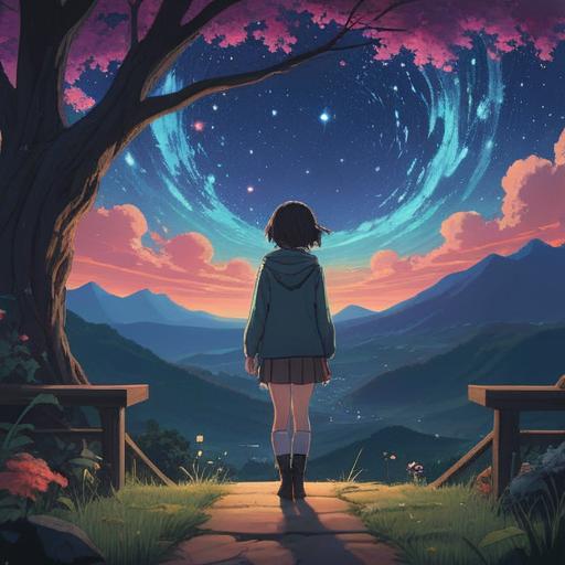 A dreamy scene depicting someone gazing at the stars, subtle aura surrounding them, heart symbols in the night sky, ethereal light shining down, soothing color palette, gentle wind blowing, reflecting on love and spirituality, peaceful ambiance, vibrant colors, emotional expression, meaningful connections, 4k