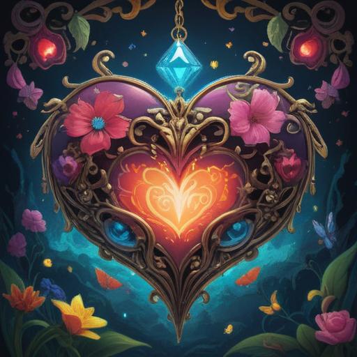 A whimsical illustration of a lucky charm representing love, featuring a heart-shaped pendant glowing softly, surrounded by blooming flowers and butterflies, warm sunlight filtering through the trees, a dreamy atmosphere, intricate details on the charm, elements of romance and hope, vibrant colors, 4k