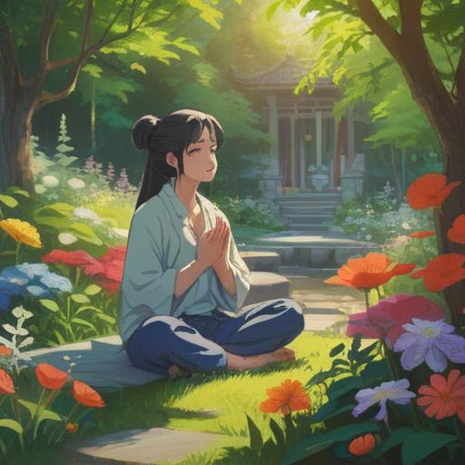 A serene and romantic setting, a person meditating in a tranquil garden, surrounded by blooming flowers and soft sunlight, a gentle breeze ruffling their hair, warm and inviting colors, inner peace and positivity radiating from their expression, symbolic elements like heart shapes and soft light, 4k