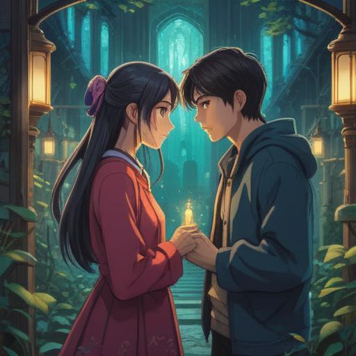 A mystical scene depicting spiritual signs of love, ethereal lights illuminating a serene environment, symbols of love and intuition, a couple gazing at the sky with hopeful expressions, soft pastel colors, an enchanted forest background, floating hearts and glowing orbs, a tranquil atmosphere, 4k
