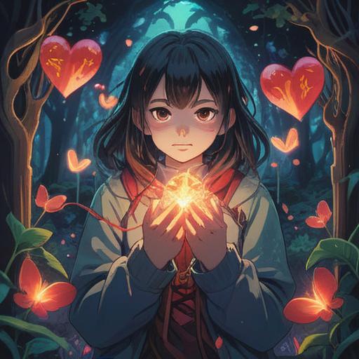 A magical scene depicting a person's hands gently holding a charm, surrounded by glowing hearts and sparkling light, a dreamy atmosphere, vibrant colors, whimsical details, symbols of love and luck, deep focus on the charm's intricate design, enchanting background with soft bokeh effects, 4k
