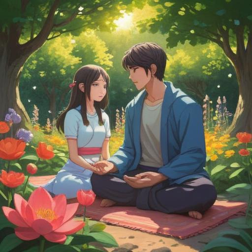 A serene illustration depicting a couple meditating together in a tranquil garden, surrounded by blooming flowers and gentle sunlight, embodying unity and mindfulness, symbols of love and harmony, calming colors, inviting atmosphere, 4k