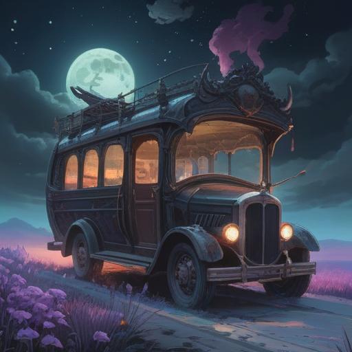A spiritual scene depicting a hearse under a moonlit sky, ethereal mist surrounding the vehicle, symbolic representations of life and death, serene atmosphere, reflections of past memories, soft glowing light, hauntingly beautiful landscape, evocative imagery, 4k