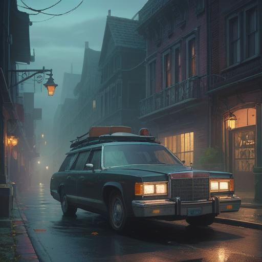 A somber scene featuring a hearse parked on a quiet street, an ethereal glow surrounding it, mysterious fog enveloping the surroundings, faint symbols of spiritual significance appearing in the mist, people observing with curious expressions, a sense of calm and contemplation in the air, twilight setting, muted colors, 4k