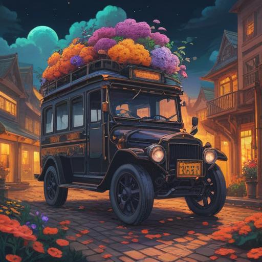 A mystical scene depicting a lucky charm inspired by encountering a hearse, glowing softly, surrounded by vibrant flowers, symbolizing rebirth and fortune, a serene atmosphere, ethereal light filtering through trees, intricate details on the charm, hopeful and magical vibes, 4k