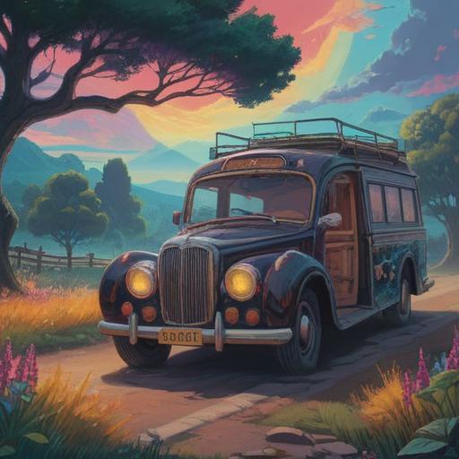 A spiritual interpretation of a hearse, ethereal light surrounding the vehicle, a tranquil landscape, symbols of transition and passage, serene atmosphere, soft colors, majestic clouds, subtle hints of otherworldly presence, 4k