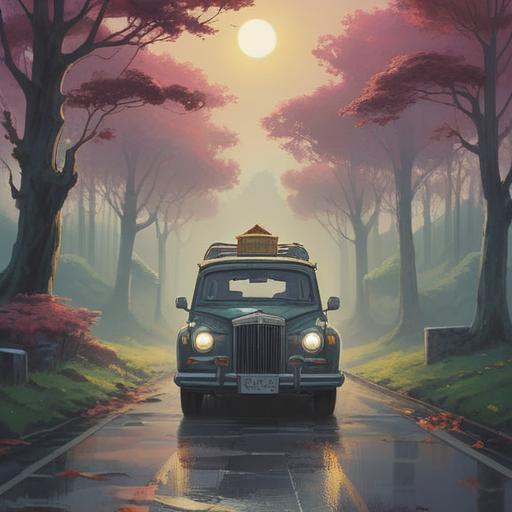 A solemn hearse on a misty road, surrounded by ethereal light, symbols of peace and spiritual guidance, a serene atmosphere, gentle rays of sunshine breaking through clouds, intricate details of nature, warm spiritual energy, 4k
