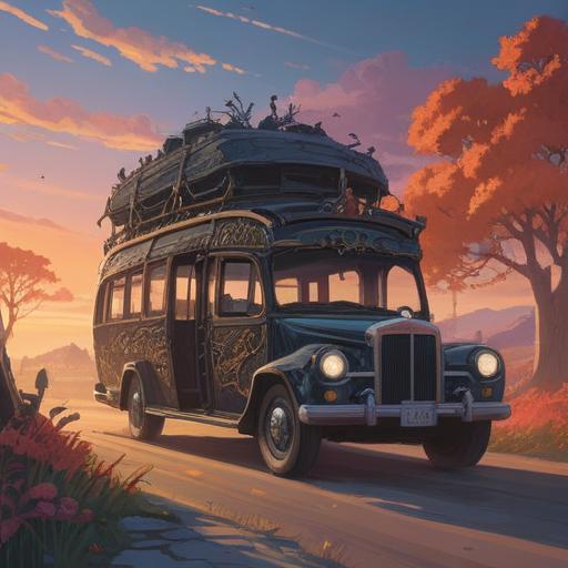 A solemn illustration of a hearse in a serene landscape, ethereal light surrounding the vehicle, ghostly silhouettes in the background, symbolic spiritual signs like feathers and orbs, a tranquil atmosphere, deep emotions reflected on characters' faces, hints of nature's beauty, 4k