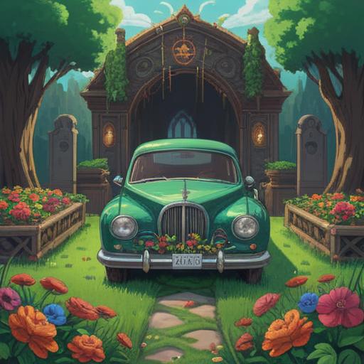A surreal scene depicting a funeral car in the foreground, surrounded by vibrant lucky items like a four-leaf clover, a horseshoe, and a rabbit's foot, bright colors contrasting with the somber vehicle, whimsical elements blending with the emotional atmosphere, symbolic representation of good fortune emerging from a dark moment, detailed textures on the lucky items, dreamlike quality, 4k