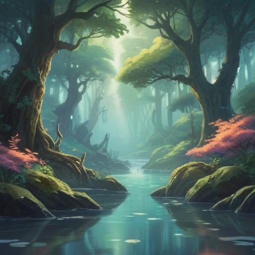 A serene and mystical landscape, ethereal light filtering through ancient trees, a crystal-clear river reflecting the sky, gentle mist hovering over the ground, vibrant colors representing spiritual energy, sacred symbols subtly integrated into nature, a lone figure meditating by the water, harmony between nature and spirit, tranquil atmosphere, 4k