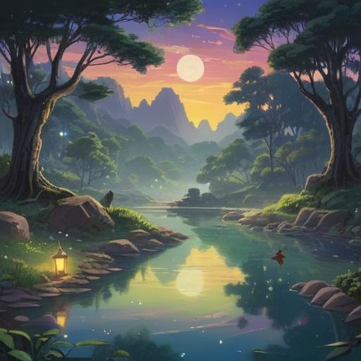 A serene and mystical landscape, ethereal lights illuminating the path, a gentle flowing river reflecting the stars, lush greenery surrounding a wise old tree, soft fog swirling around, a person meditating in harmony with nature, symbols of spiritual awakening appearing in the sky, tranquil ambiance, vibrant colors, 4k