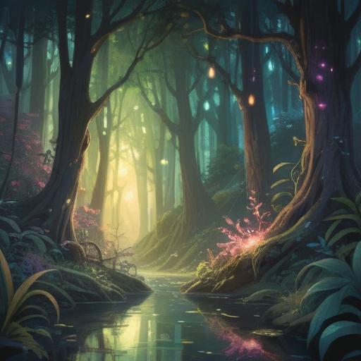 A mystical scene depicting spiritual signs related to intuition, a serene forest setting, soft glowing lights representing signs, ethereal creatures guiding the way, an ancient tree symbolizing wisdom, vibrant colors blending with nature, calm atmosphere, 4k