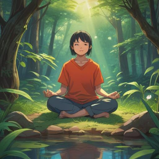 A serene and motivating scene, a person meditating in a peaceful environment, surrounded by nature and soft sunlight, symbols of personal growth illuminated, tranquil expression, gentle breeze, inspirational atmosphere, vibrant greenery, harmonious colors, 4k