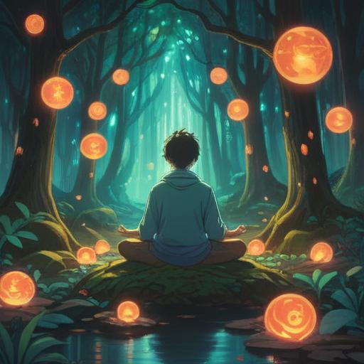 A mystical scene depicting a person meditating, surrounded by glowing orbs of light representing spiritual signs, a serene forest backdrop, ethereal mist swirling around, soft rays of sunlight filtering through the trees, expressive facial features showing deep concentration, vibrant colors, detailed textures, 4k