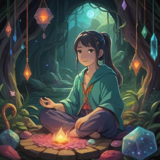 A mystical illustration depicting a serene scene, an ethereal figure meditating, surrounded by glowing crystals and talismans, vibrant colors symbolizing energy and intuition, soft light illuminating the face of the figure, intricate details on lucky items like charms and stones, tranquil atmosphere, connection to the spirit world, 4k