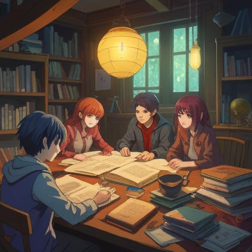 A vibrant digital illustration showcasing a group of diverse people gathered around a large table filled with various documents and books, engaged in an animated discussion about different topics, a whiteboard filled with diagrams and notes in the background, warm lighting creating a cozy atmosphere, illustrations and bullet points scattered across the table emphasizing the concept of summarization, a sense of collaboration and brainstorming, 4k