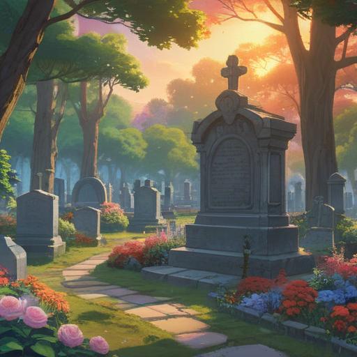 A serene and contemplative scene in a tranquil cemetery, soft sunlight filtering through the trees, gravestones adorned with flowers, a gentle breeze creating a mystical atmosphere, people reflecting on life and loss, spiritual connection with loved ones, paths lined with memorials, peaceful ambiance, tranquility and remembrance, 4k