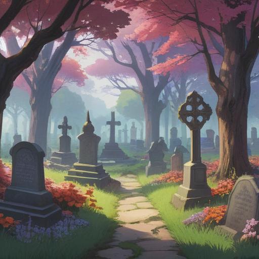 A serene cemetery scene, soft mist enveloping the gravestones, gentle sunlight filtering through ancient trees, peaceful atmosphere, flowers blooming amidst the tombstones, spiritual symbols subtly integrated in the environment, sense of tranquility and reflection, inviting a feeling of connection with the past, 4k