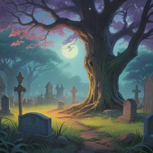 A serene graveyard scene, misty atmosphere, ethereal light filtering through trees, subtle symbols representing spiritual signs, gentle whispers of the wind, overgrown tombstones, soft glow of orbs suggesting spirits, tranquil reflections on a still pond, rich in detail, captivating and mysterious, 4k