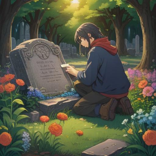 A serene and reflective scene, a person kneeling by a gravestone, holding a small lucky charm, surrounded by blooming flowers, soft sunlight filtering through trees, peaceful atmosphere, delicate details of the gravestone, gentle breeze rustling leaves, 4k