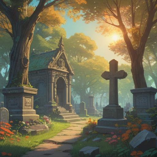 A serene and contemplative landscape, a peaceful cemetery scene, gentle sunlight filtering through trees, a figure standing quietly, reflecting on life and loss, emotions of solace and introspection, blooming flowers symbolizing renewal, ethereal atmosphere, 4k