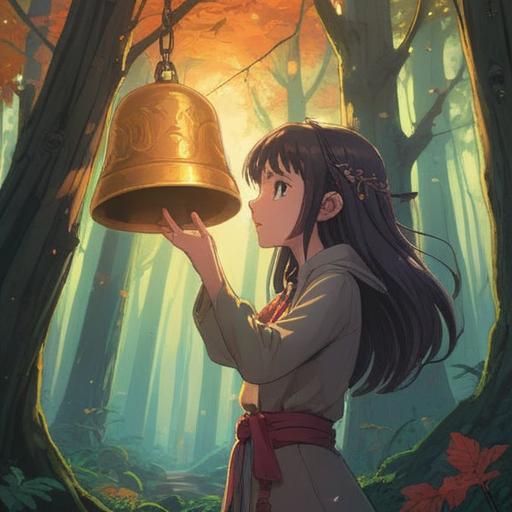 A serene illustration of a person gently picking up a bell in a tranquil forest, ethereal light filtering through the trees, soft glowing aura surrounding the bell, symbolic representation of spiritual awakening, connection to nature, peaceful atmosphere, mindful moment, 4k