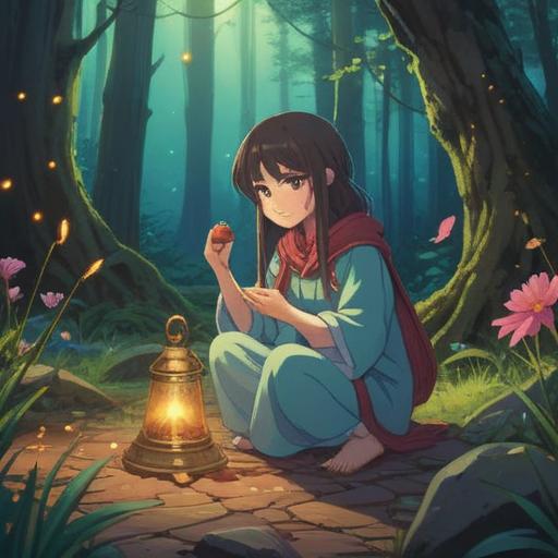 A serene outdoor scene, a person kneeling to pick up a bell, ethereal sparkles surrounding the bell, symbolic animals observing nearby, gentle sunlight filtering through trees, a sense of connection to nature and spirituality, calm and reflective atmosphere, vibrant colors, 4k