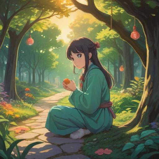 A serene illustration of a person peacefully reflecting in a tranquil park, soft sunlight filtering through the trees, gently cradling a small bell in their hands, surrounded by blooming flowers and a calm pond, expressing feelings of mindfulness and inner peace, warm autumn colors, inviting atmosphere, 4k