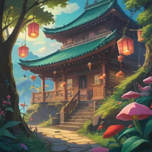 A serene landscape with gentle bells ringing in the breeze, spiritual symbols subtly integrated into the scenery, calming colors and soft light, a peaceful figure meditating beside a tranquil stream, surrounded by lush greenery and blooming flowers, ethereal glow, 4k