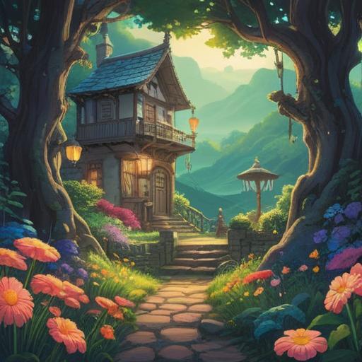 A whimsical illustration of a serene landscape after hearing a bell-like sound, soft light illuminating a hidden path, vibrant flowers blooming along the sides, a gentle breeze caressing the scene, a glowing number appearing in the foreground, symbolizing luck, dreamy atmosphere, captivating details, enchanting colors, 4k