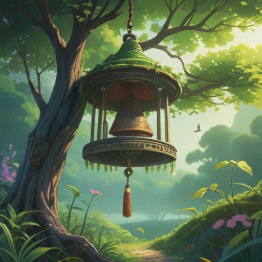 A serene landscape bathed in morning light, gentle breeze through lush greenery, a single bell hanging from a tree, soft sounds of ringing echoing in the air, a path leading into the horizon, hints of futuristic elements subtly integrated, vibrant colors and ethereal atmosphere, 4k