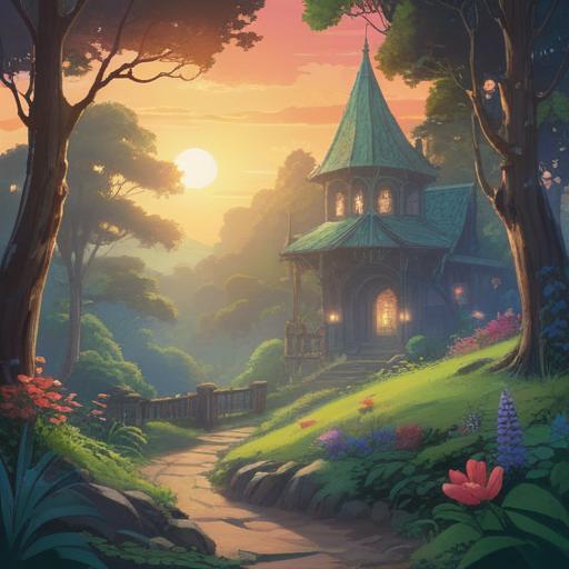 A serene landscape featuring a gentle breeze, melodic sound of bells in the air, ethereal light shining through trees, lush greenery, calming water reflections, soft hues, harmonious atmosphere, symbols of spirituality like doves or lotus flowers, inviting and uplifting environment, 4k