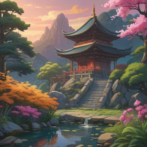 A serene landscape featuring a tranquil scene with a gentle breeze, soft chimes ringing from a distant temple bell, vibrant flowers swaying, a clear sky above, a sense of calm and mindfulness, symbols of spiritual awareness, ethereal light glowing around, inviting atmosphere, 4k