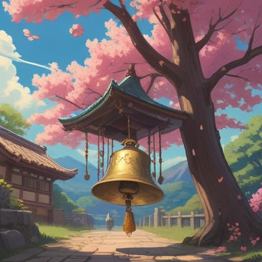 A serene scene depicting a lucky charm, a beautiful bell hanging from a cherry blossom tree, gentle breeze causing the bell to sway, soft sunlight filtering through the petals, tranquil atmosphere, symbols of good fortune scattered around, vibrant colors, 4k