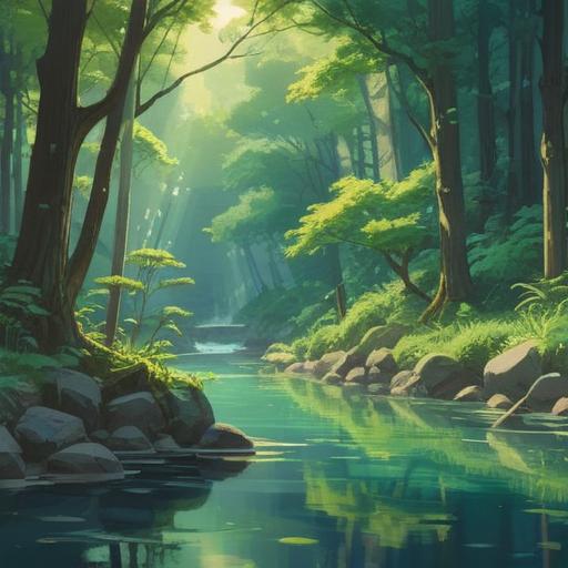 A serene landscape featuring a gentle breeze, soft chimes resonating in the air, lush green trees, a tranquil river reflecting sunlight, a distant peaceful village, soothing blue sky with fluffy clouds, warm sunlight filtering through leaves, harmonious atmosphere, soothing presence of nature, 4k