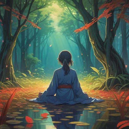 A serene and mystical scene depicting an ethereal setting, soft glowing light, gentle wind causing leaves to rustle, a figure meditating in a tranquil garden, surrounded by delicate bells hanging from tree branches, symbolizing the spiritual significance of ringing ears, calm and peaceful atmosphere, enchanting nature, vivid colors, 4k