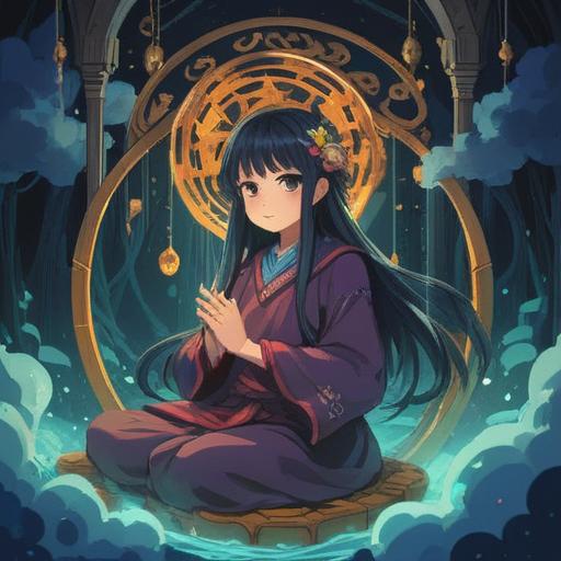 A mystical scene depicting the sound of ringing like bells, ethereal glow, ominous shadows, a serene figure in meditation surrounded by swirling energy, ancient symbols of spirituality, an otherworldly atmosphere, vibrant colors contrasting with dark tones, 4k