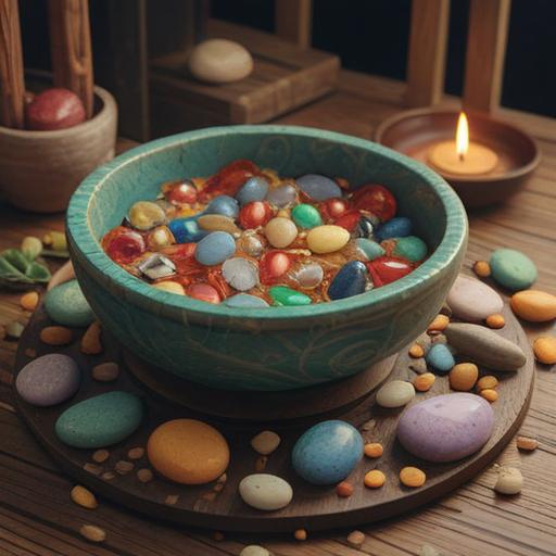 A serene still-life composition featuring a variety of lucky stones known for alleviating tinnitus, arranged artistically on a wooden table, natural lighting casting soft shadows, calming colors, hints of tranquility, small bells subtly incorporated in the design to symbolize ringing, detailed textures of the stones showcasing their uniqueness, peaceful atmosphere, 4k