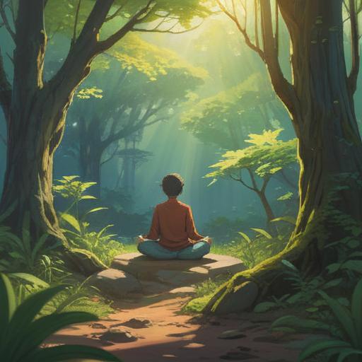 A serene and comforting scene depicting a person meditating in a calm environment, surrounded by nature, gentle sunlight filtering through trees, a soothing aura, visual representations of sound waves softly dissipating, peaceful expression on the person's face, supportive friends nearby offering encouragement, a sense of tranquility and healing, 4k
