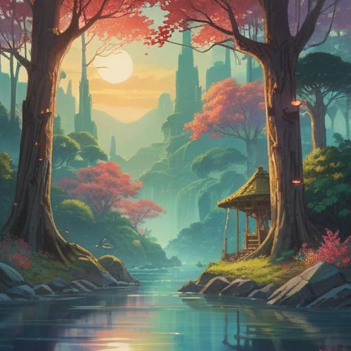 A serene landscape depicting a bell-like sound, ethereal aura, soft light filtering through trees, gentle flowing river, mystical ambiance, symbols of spirituality, harmonious elements, tranquil scene, 4k